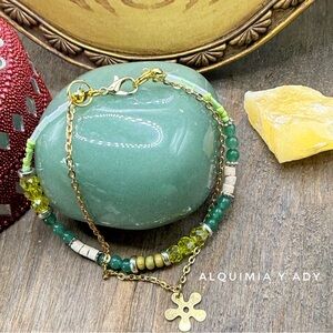 LAYERED CHARMS + Aventurine  gold adjustable bracelet FLOWERS FOR MOM
